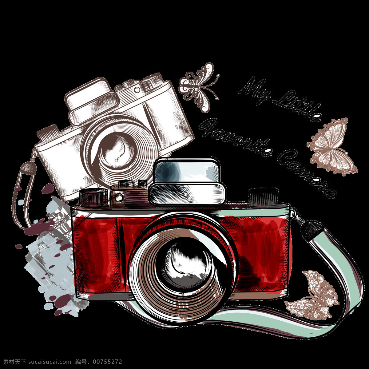 手绘 复古 相机 透明 红色 绿色 免扣素材 傻瓜机 摄像头 水彩 透明素材 装饰图片