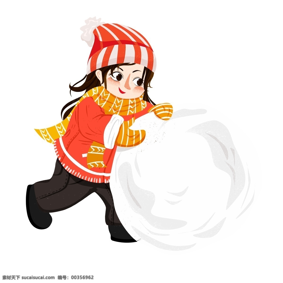 手绘 滚雪球 女孩 冬季 人物 商用 元素 卡通 小清新 儿童