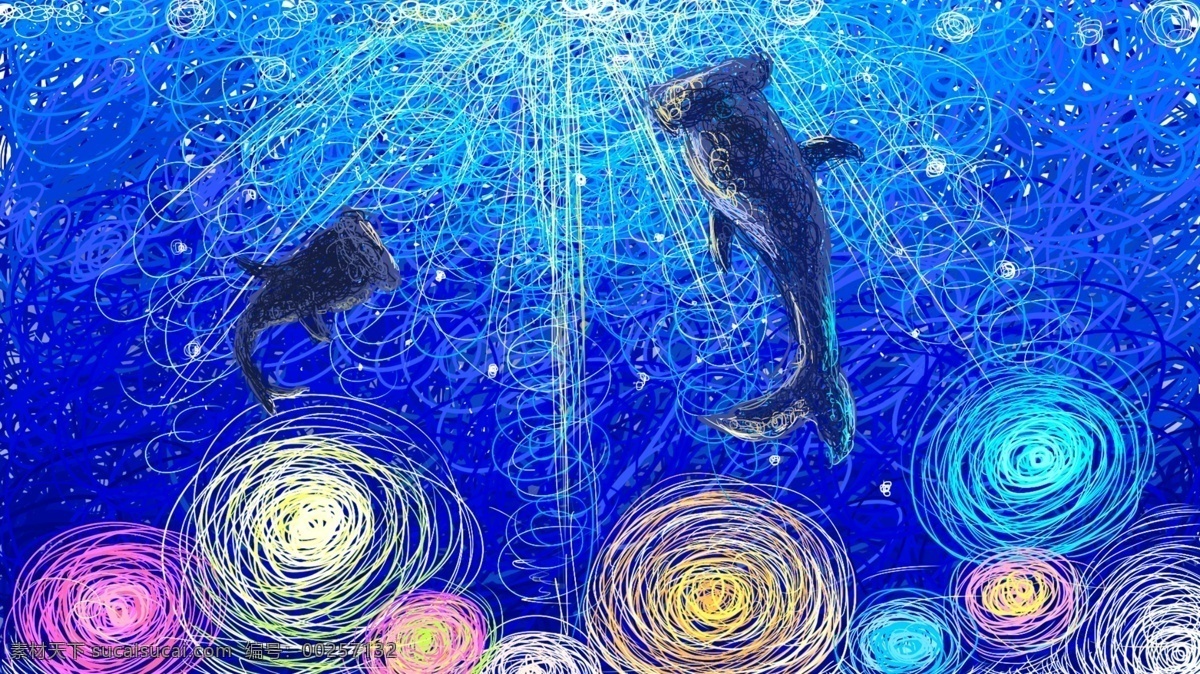 线圈画海鲸 蓝色 大海 光 鲸 海里 线圈画 向上游