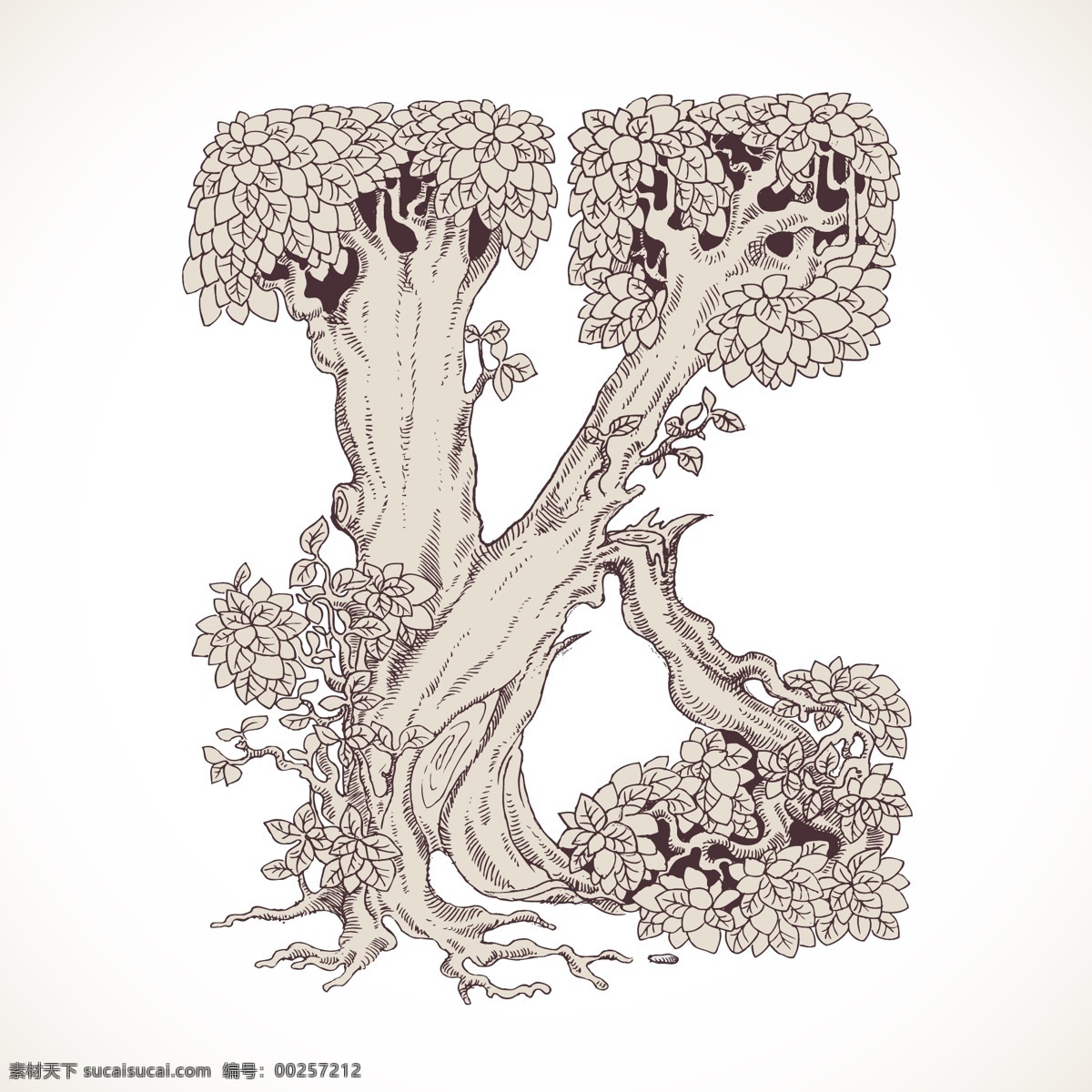 艺术 英文 字母 手绘 树 k 英文字母 艺术字 盆栽 手绘植物 手绘树 园丁 英文形状