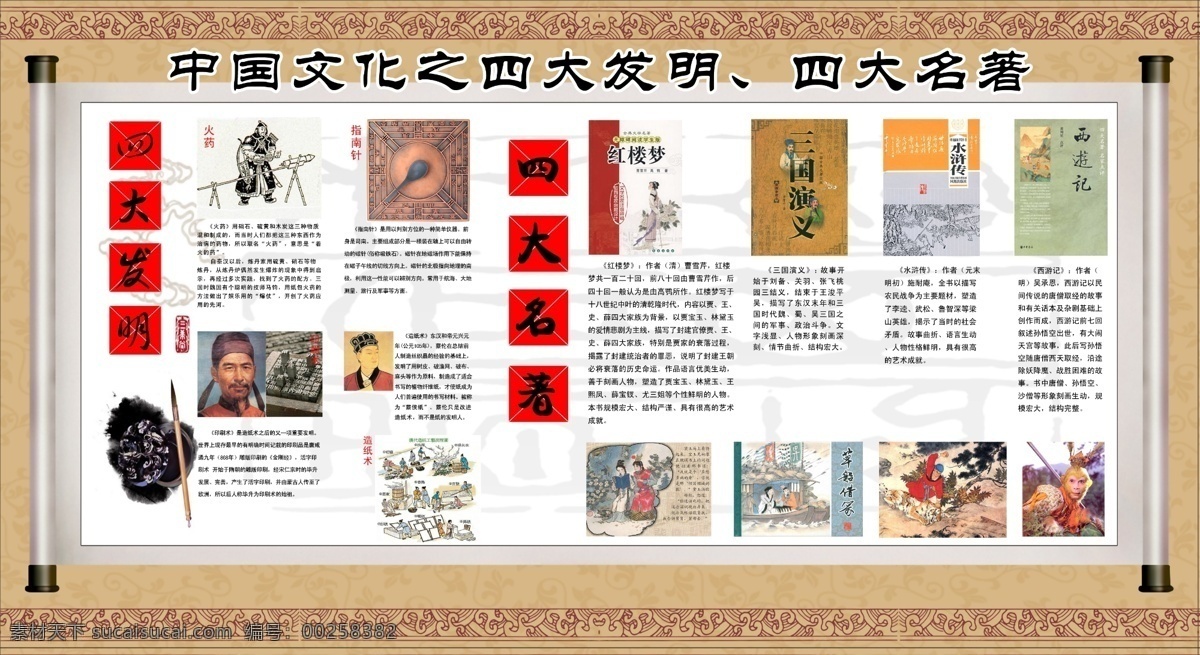 四大发明 四大名著 古典设计 古典底图 校园展板 校园文化 古典展板 西游记 三国演义 水浒传 红楼梦 展板模板 广告设计模板 源文件