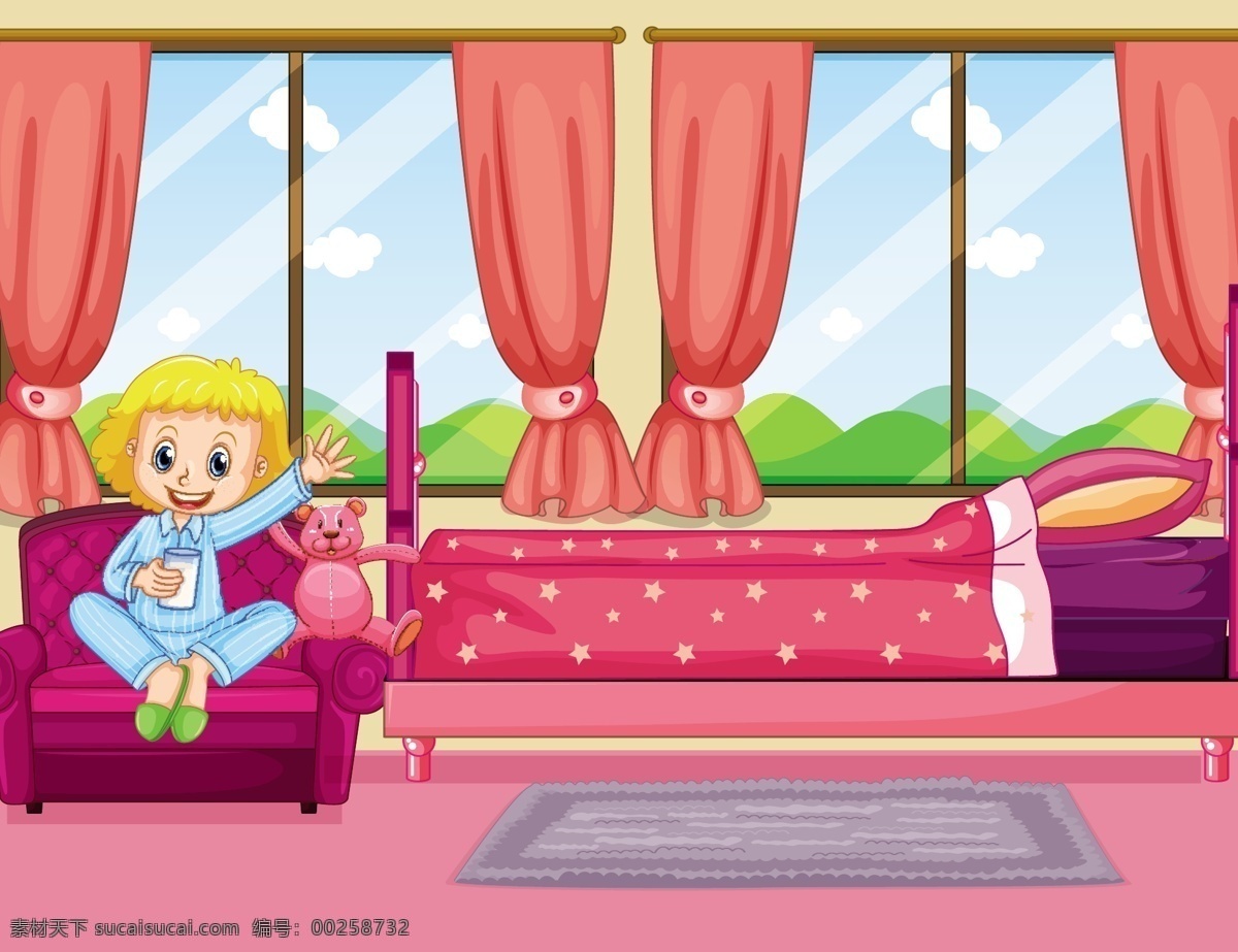 卡通儿童插画 儿童 快乐 生活儿童 女孩 女生 儿童素材 沙发 家具 室内 房间 卡通设计