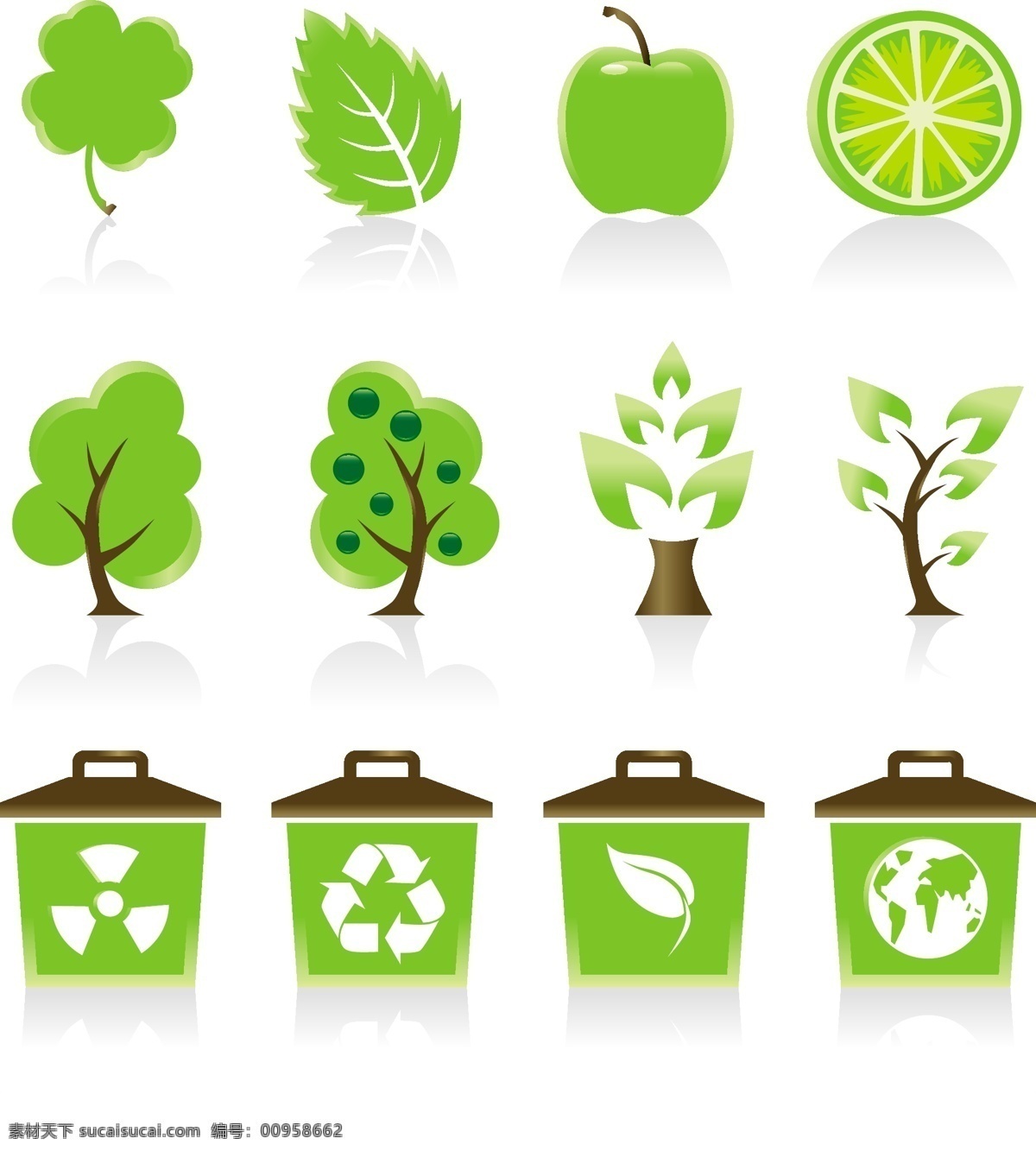绿色免费下载 环保 垃圾桶 绿色 树 循环使用 矢量图
