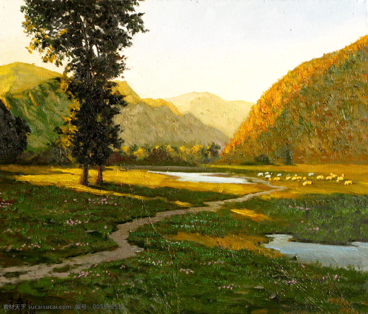 草地 风景画 绘画书法 美术 山岭 树林 树木 金色 牧场 设计素材 模板下载 金色牧场 油画 现代油画 山野 水滩 羊 羊群 天空 油画艺术 油画作品8 文化艺术 家居装饰素材