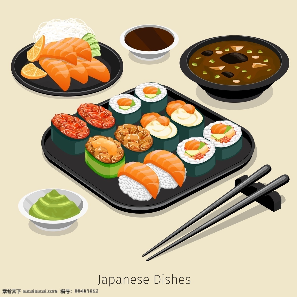 时尚 美食 寿司 插画 餐具 芥末 日本 三纹鱼