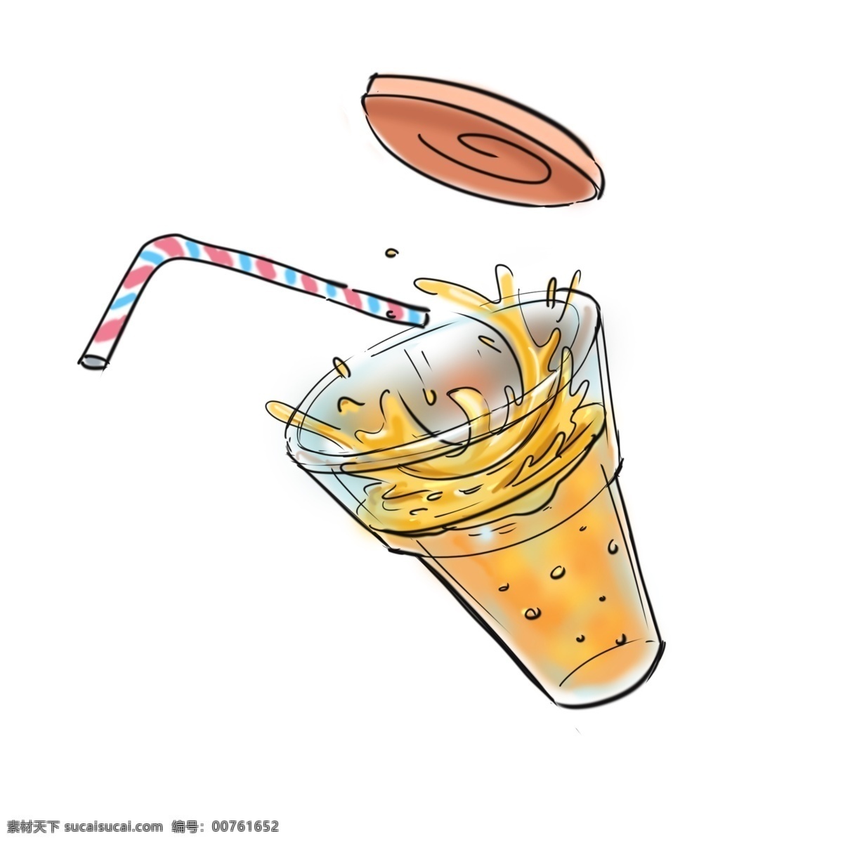 果汁 主题 喷溅 卡通 手绘 饮料 吸管 液体 橙汁 泡泡 玻璃杯 杯盖 解渴 肥宅水 卡通风格 手绘插画
