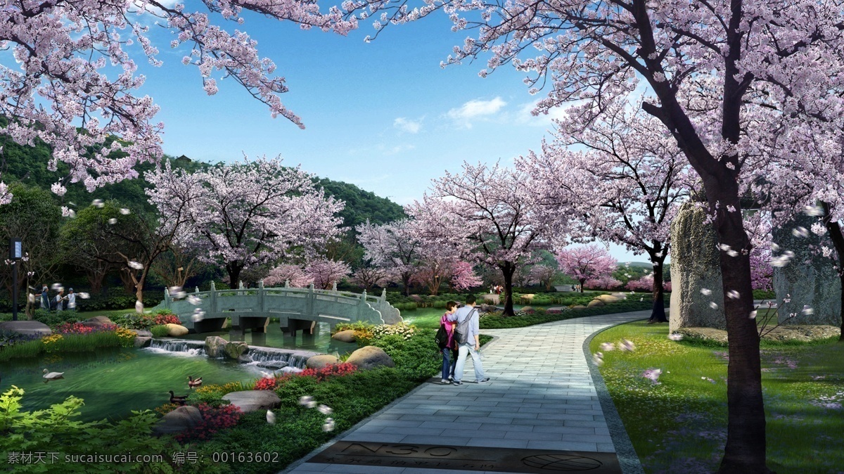 园林 公园 小溪 石桥 樱花 樱花园 效果图 环境效果图 环境设计 分层效果图 ps效果图 效果图系列