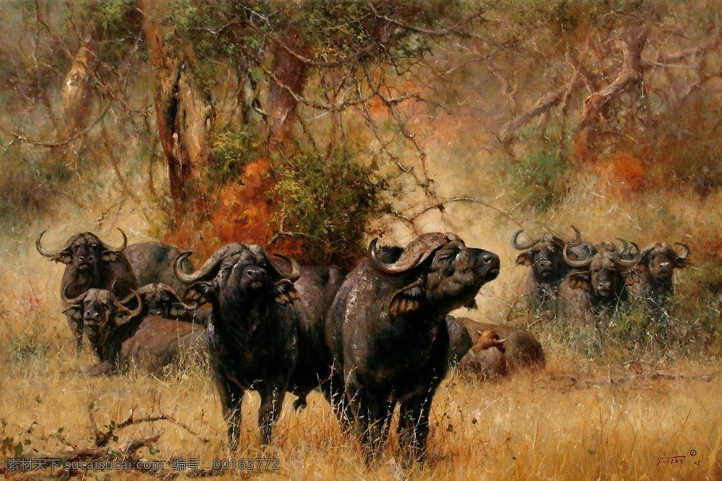 水牛 牛 动物 树木 风景 壁画 风景专辑 生物世界 野生动物