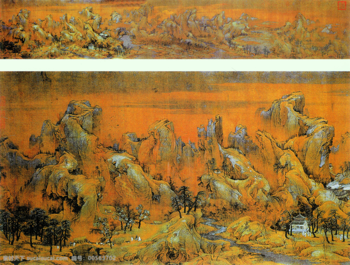 江山秋色图 中国工笔画 背景 赵伯驹 风景 山水画 山荼 夭桃 茅屋 古建筑 楼阁 亭台 文化艺术 绘画书法 设计图库