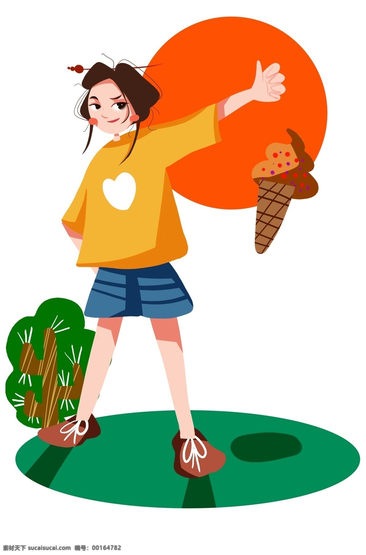 夏季 伸 大拇指 女孩 夏日 树木 冰淇淋