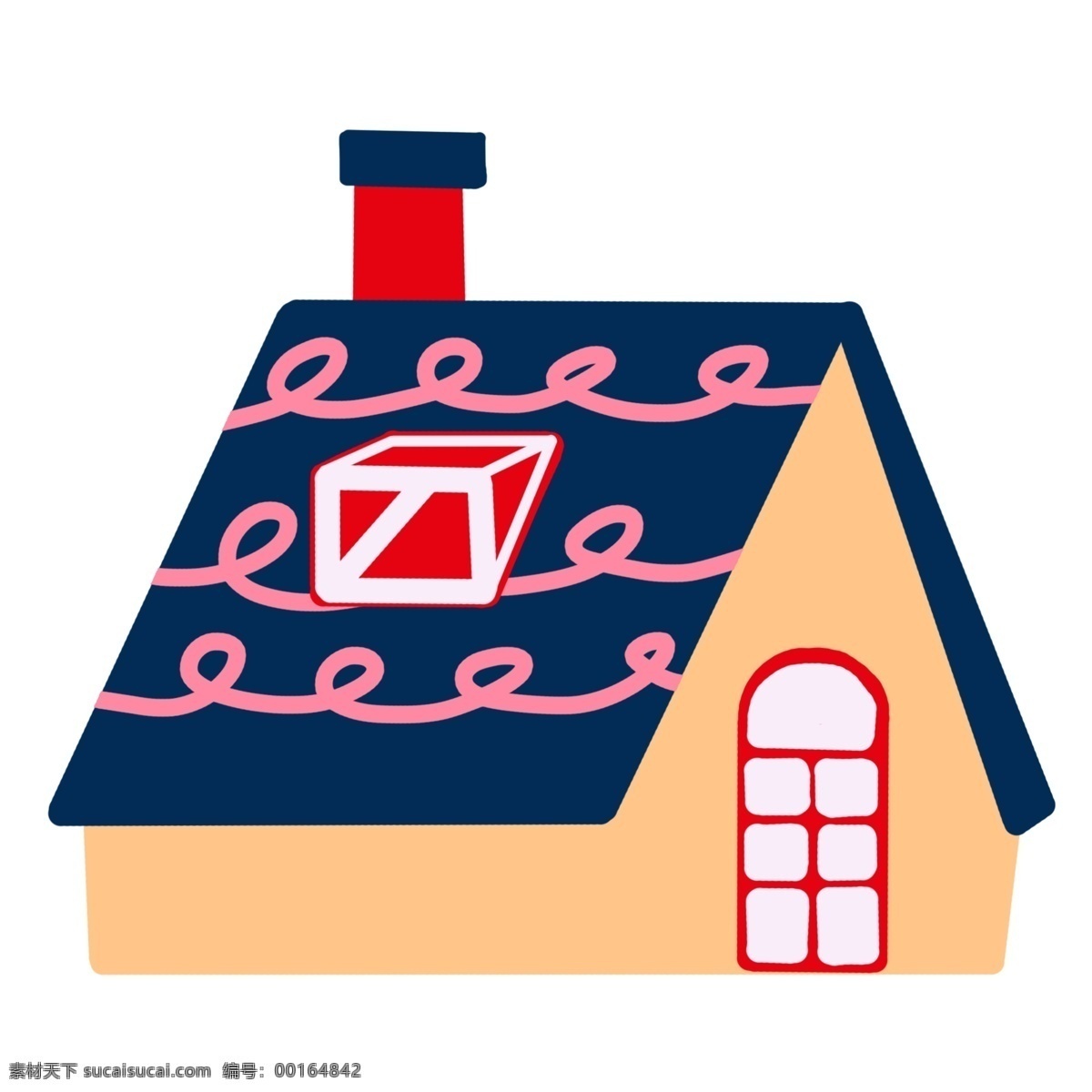 黄色 立体 房屋 插图 蓝色盖子 图案插图 漂亮的房屋 一座房屋 卡通房屋 红色烟筒 立体烟筒 红色的门