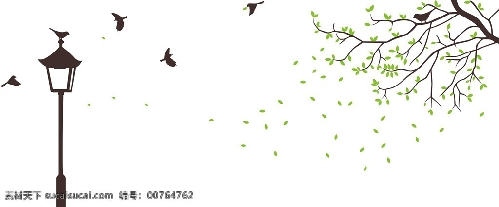 路灯 树枝 燕子 矢量 线条 意境