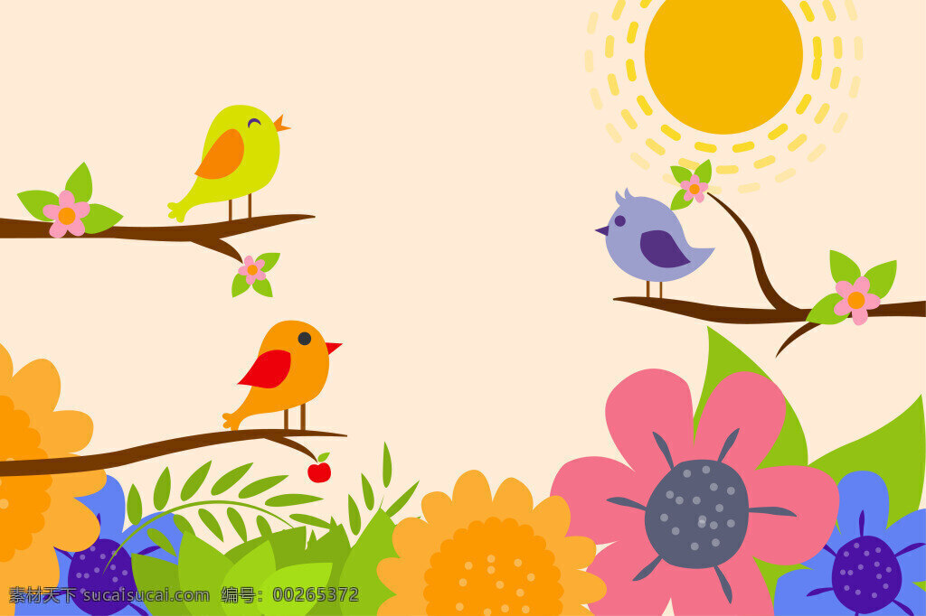 卡通 春季 小鸟 背景 模板 广告 海报 花卉 鸟 平面 矢量 树枝 太阳