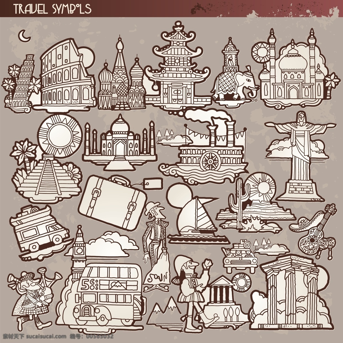 复古 风格 旅游 图标 symbols travel vector 景点 景观 世界 手绘 矢量图 其他矢量图