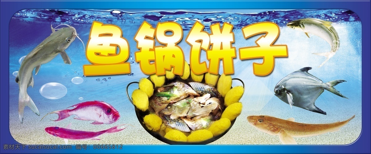 鱼锅饼子 各种鱼类 鲢鱼 刀鱼 海水 蓝色背景 蓝色表框 水产品 鱼类 分层 源文件