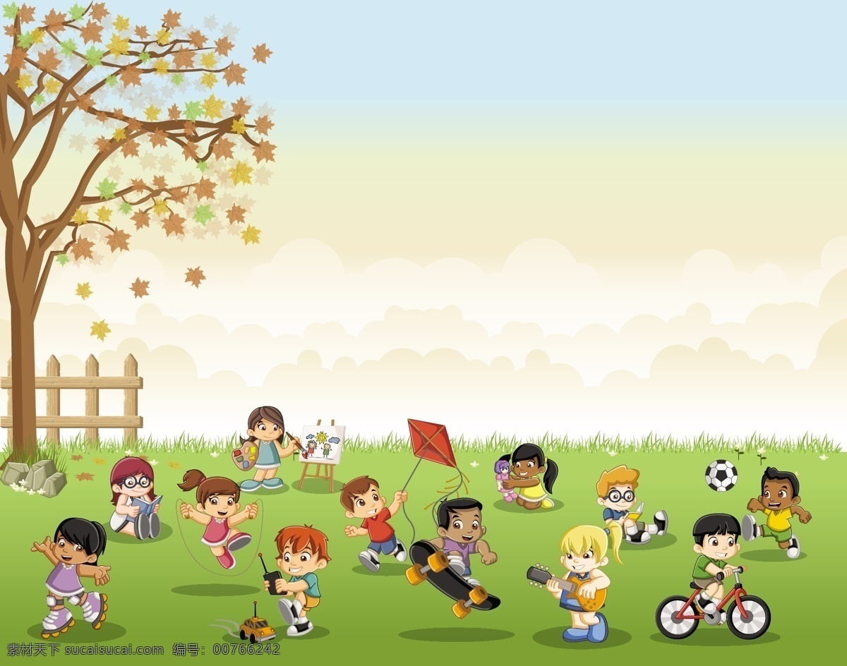 卡通快乐儿童 儿童 快乐 大树 户外 草地 蓝天 白云 儿童素材 六一儿童节 卡通儿童 卡通设计