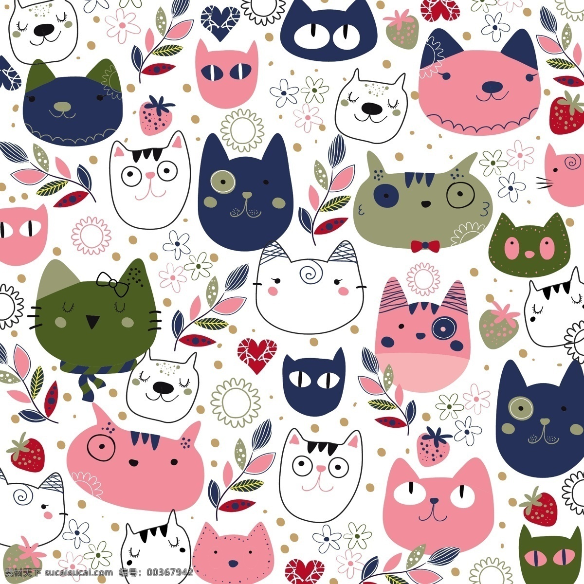 粉红色 海军 猫 插图 花 叶 卡通 手绘 墙纸 树叶 草莓 小猫 柔和的颜色 白色
