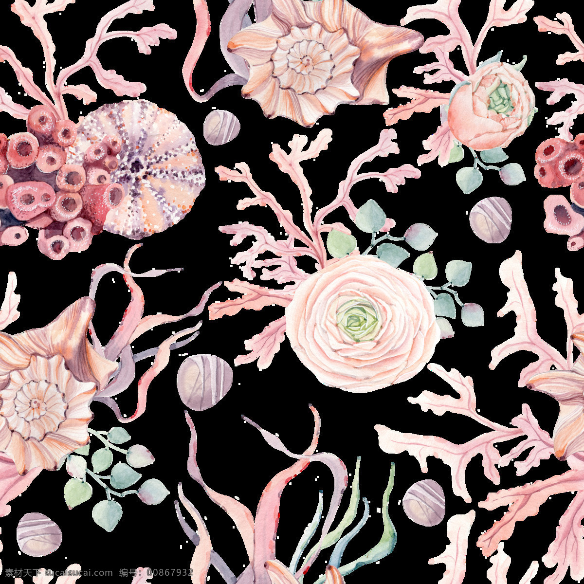 手绘 粉红色 海螺 背景 背景素材 鹅暖石 粉色 花卉 平铺背景 珊瑚 叶子