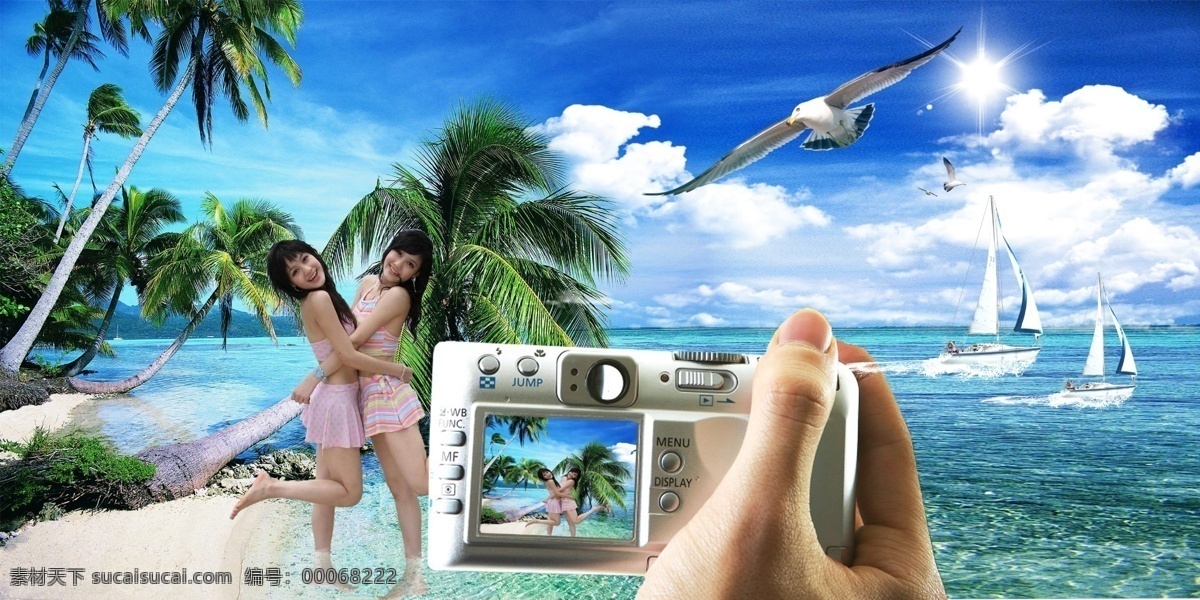 时尚 美女 数码相机 广告 分层 大海 海鸥 沙滩 时尚美女 椰子树 数码相机广告 psd源文件