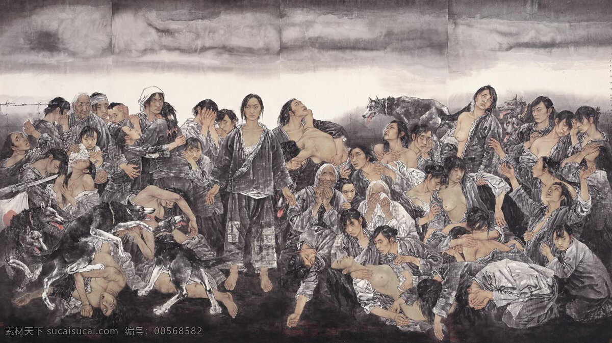 抗日战争 中 受难 中国 女性 百姓 妇女 工笔画 民族 艺术 灾难 抗战 文化艺术