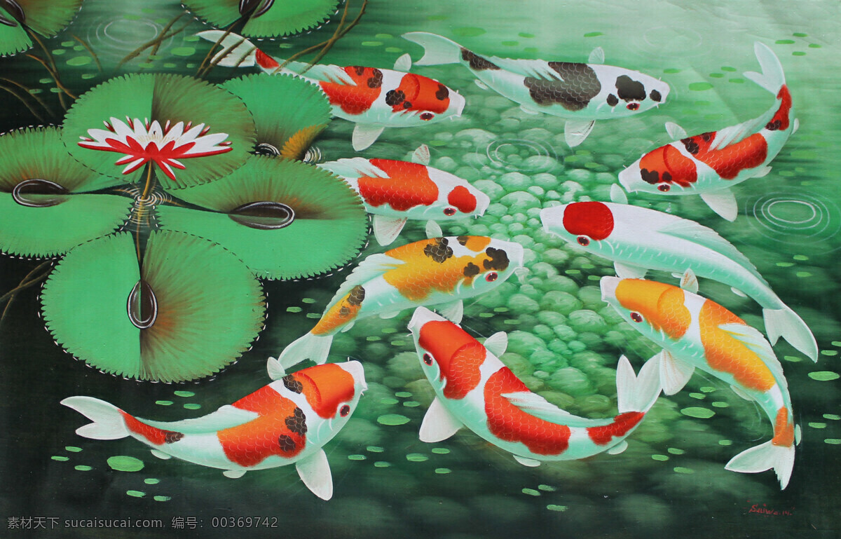 九鱼图 锦鲤 鲤鱼 国画 手绘 工笔画 风水 文化艺术 传统文化