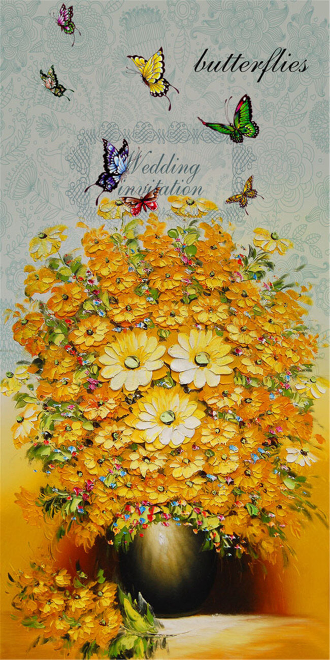 油画 花瓶 装饰画 油画花朵 蝴蝶 美丽鲜花 无框画 画芯 挂画 书画文字 文化艺术