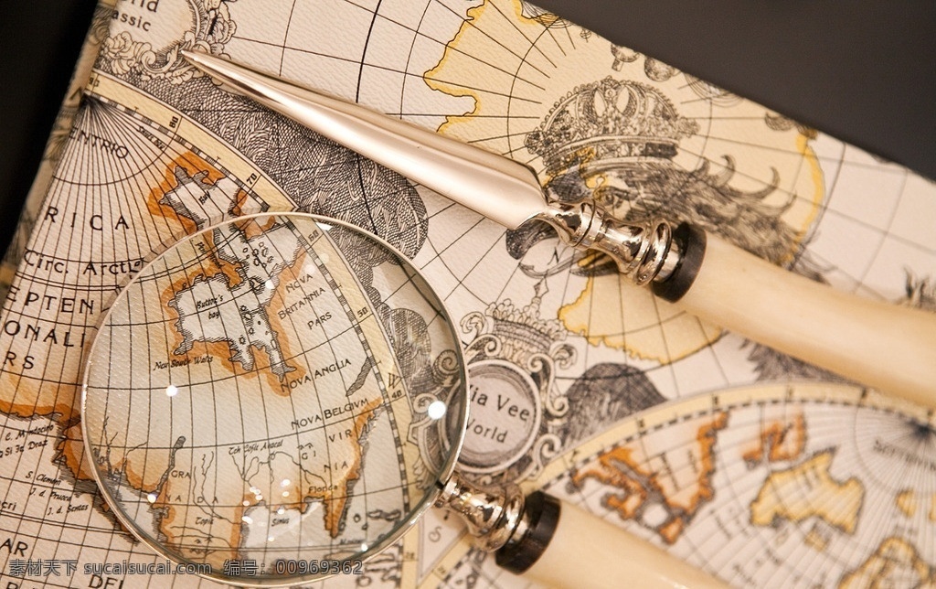 藏宝图 放大镜 裁纸刀 欧洲地形图 古典放大镜 家居生活 生活百科