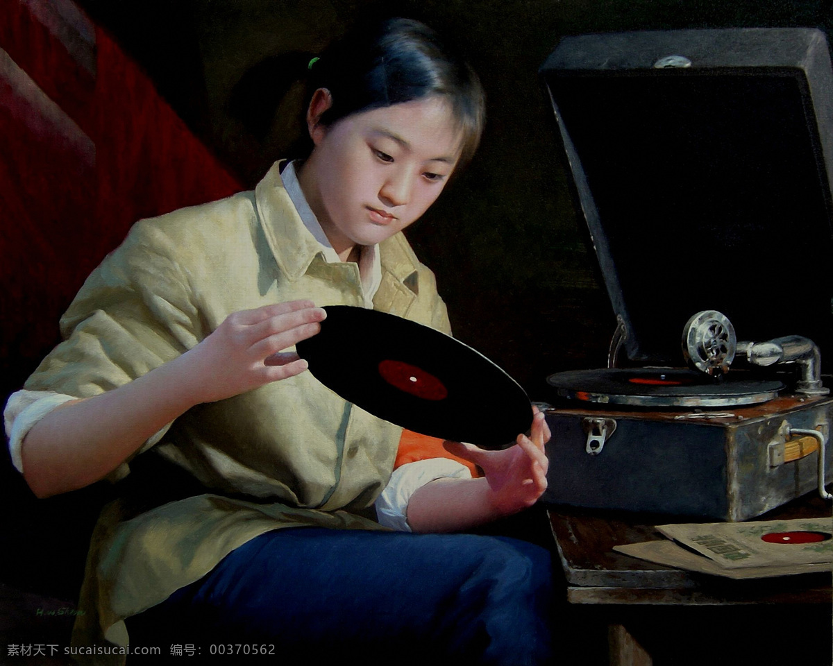 手 唱片 美女 肖像画 美女油画肖像 人物肖像画 东方女性 油画 写生 人物油画写生 油画艺术 绘画艺术 书画文字 文化艺术