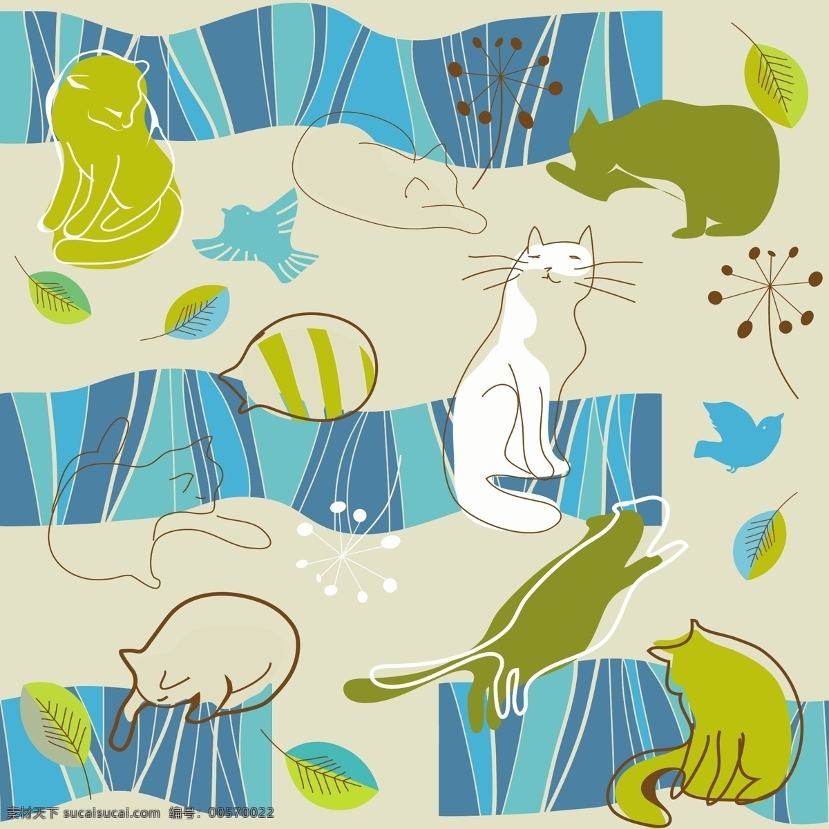矢量 卡通 线条 动物 图案 插画 剪影 可爱 猫咪 矢量素材 矢量图 花纹花边