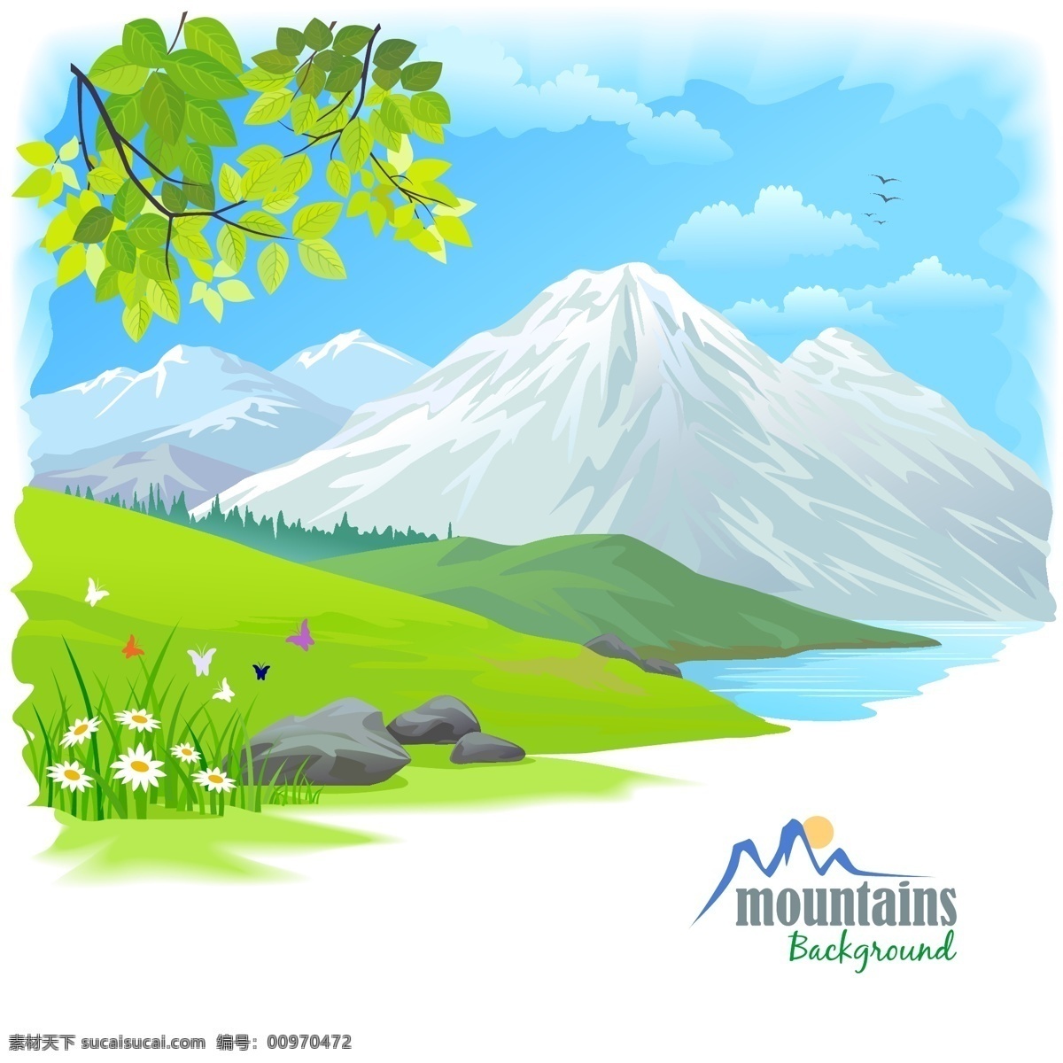 冰山河流草地 冰山 河流 湖泊 草地 绿地 树木 鲜花 卡通矢量图 山水风景 自然景观 矢量