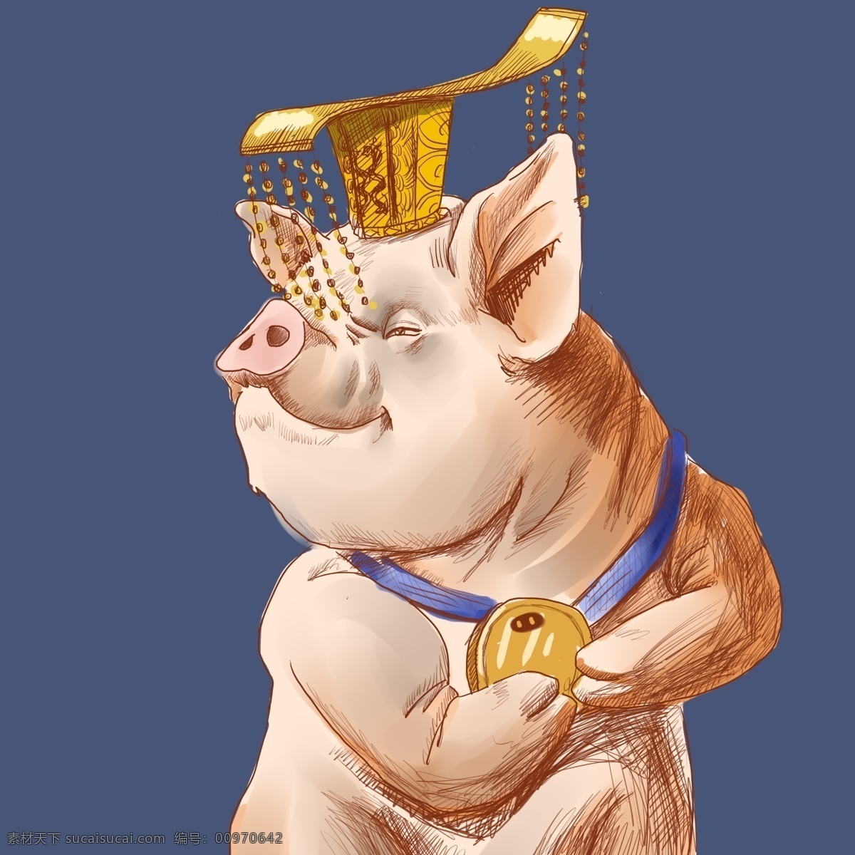 手绘猪 猪国外 猪皇帝 傲娇的猪 奖牌 皇冠 手绘 猪 卡通设计