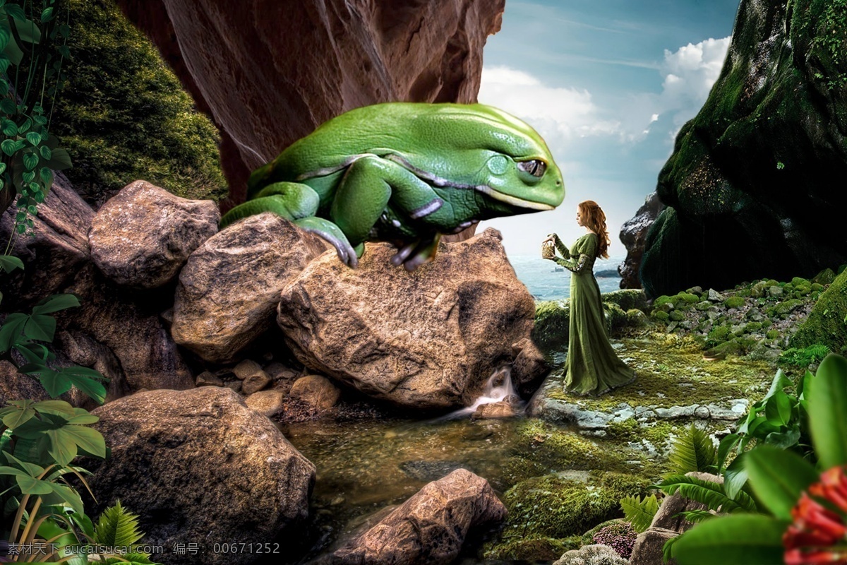 合成 童话 青蛙王子 公主 梦幻 石头 山间 分层