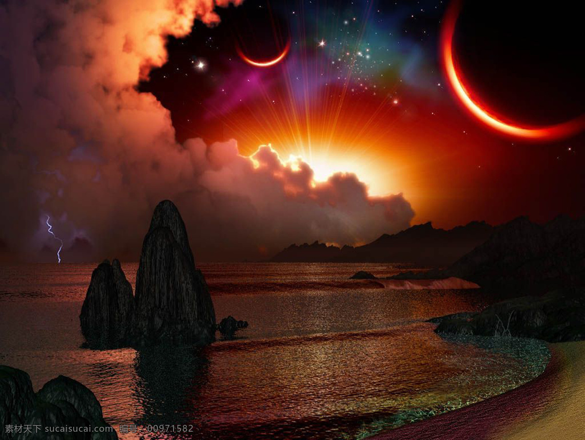 梦幻 背景 大海 群山 星空 星球 阳光 背景图片