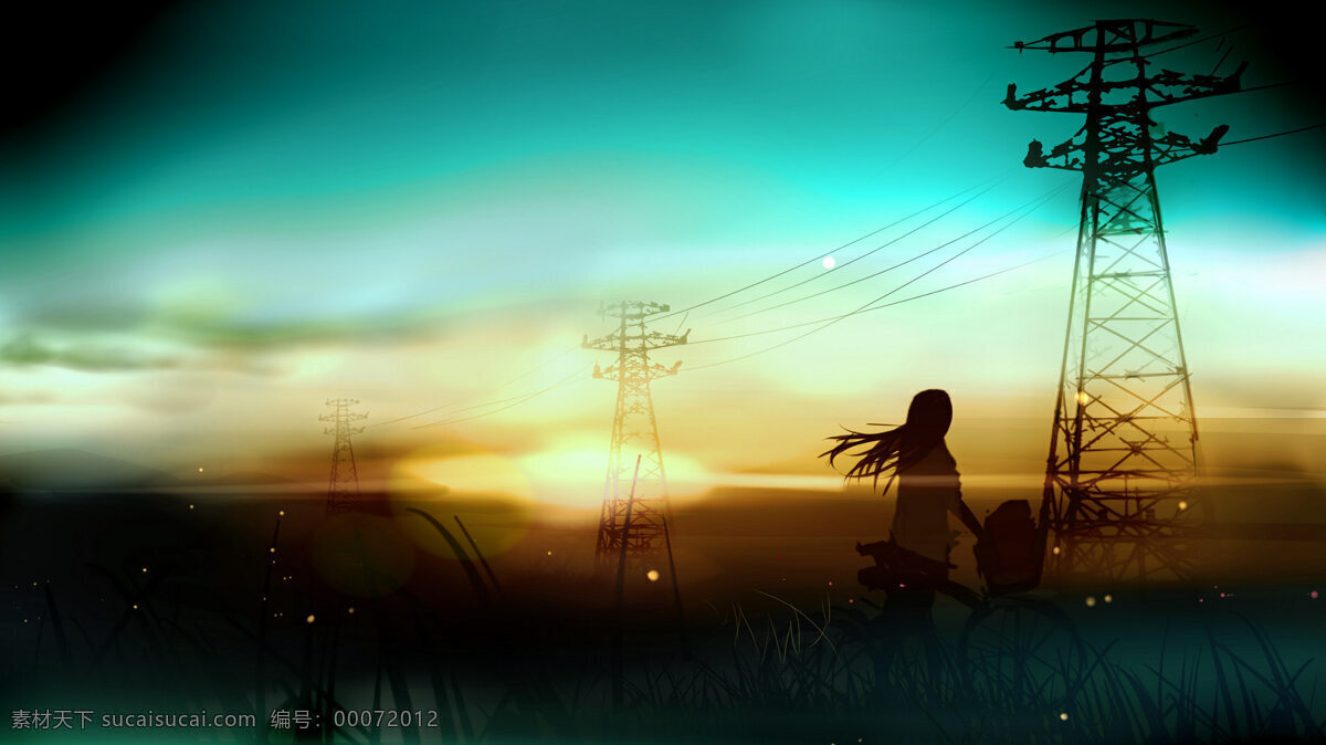 蓝色天空 下 少女 动漫 夕阳 背景图片
