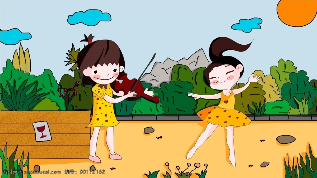 音乐节 拉 小提琴 跳舞 插画 音乐 森林 草丛 拉小提琴 女生