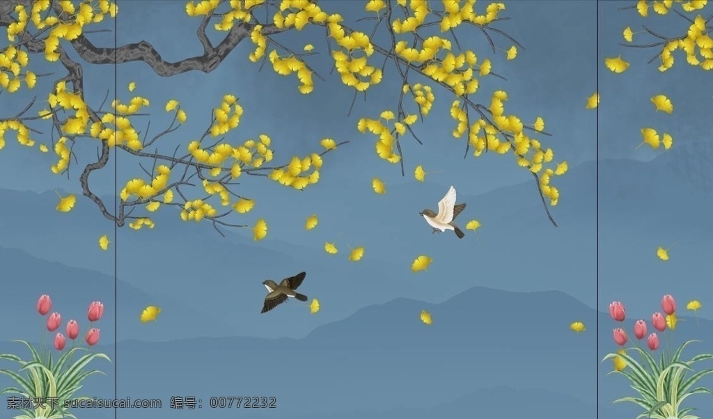 银杏 中式背景墙 花鸟图 水墨画 静