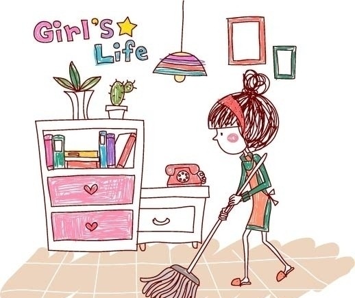 女生的生活 girl s life 打扫 女孩 少女 搞卫生 扫地 拖地 擦地 柜子 地板 拖把 扫把 围裙 清扫 大扫除 妇女女性 矢量人物 矢量