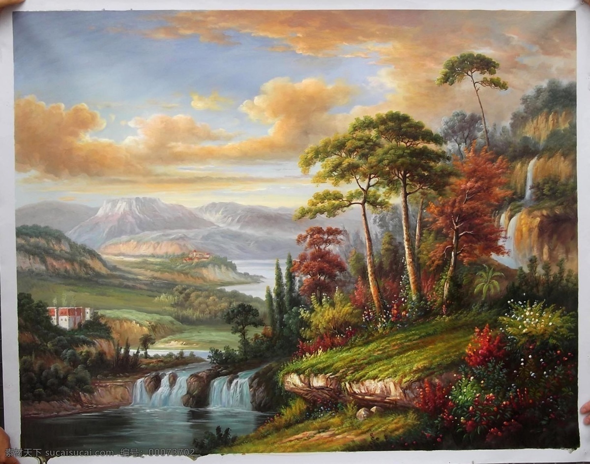 bmp 房子 风景 风景油画 河 河流 绘画书法 瀑布 山 油画 远山 树 树林 水 阳光 云 天空 小屋 文化艺术 装饰素材