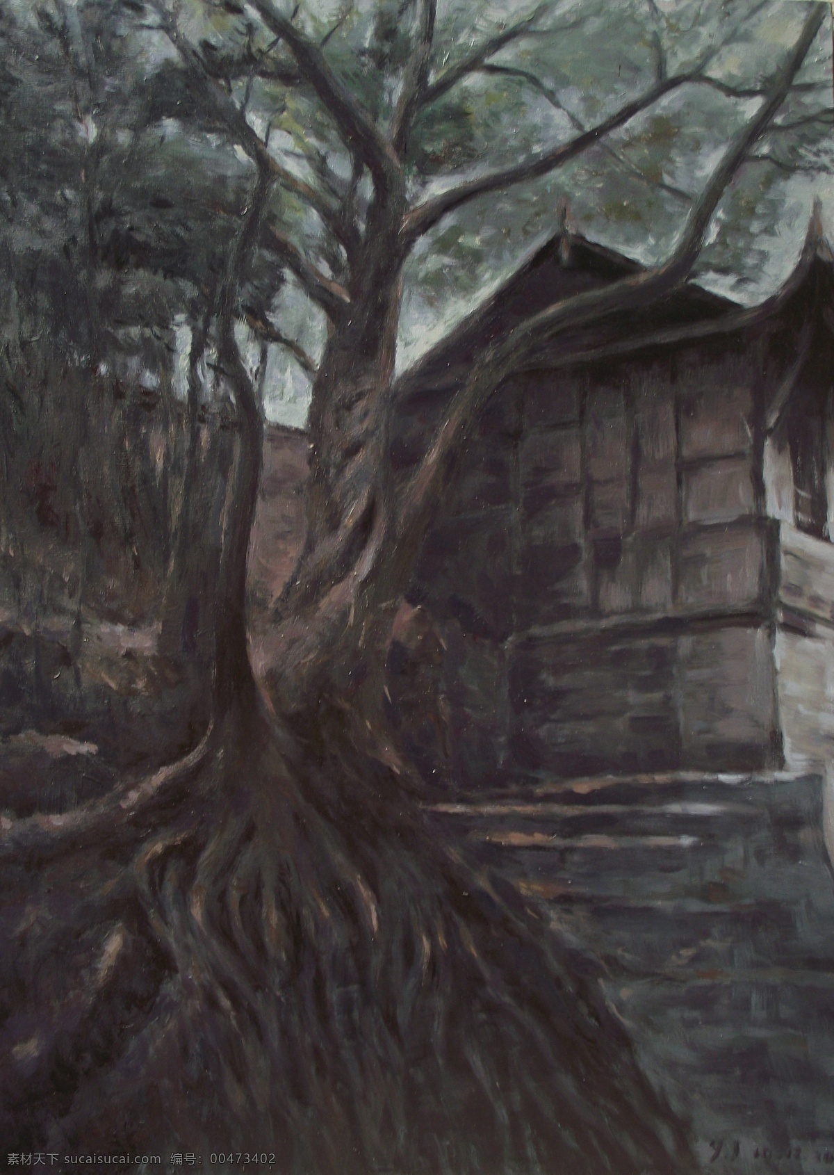 油画免费下载 大树 绘画书法 树根 树林 寺庙 天空 文化艺术 油画 五凤镇 送子树 石坡 土墙 阳光 家居装饰素材