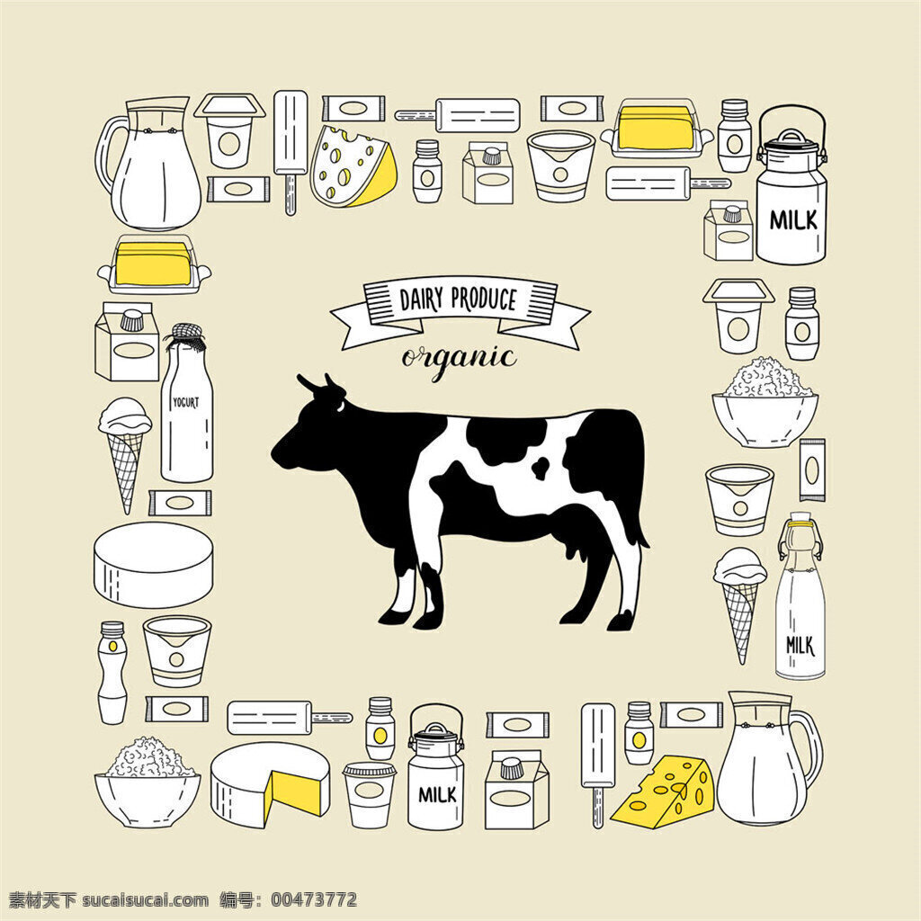 卡通 奶牛 背景 边框 矢量素材 卡通动物 牛奶 方形插画 卡通插画 乳制品 米饭 商业插画