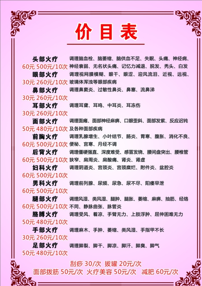 火疗价目表 火疗 价目表 调节项目 火疗单价 会员价格