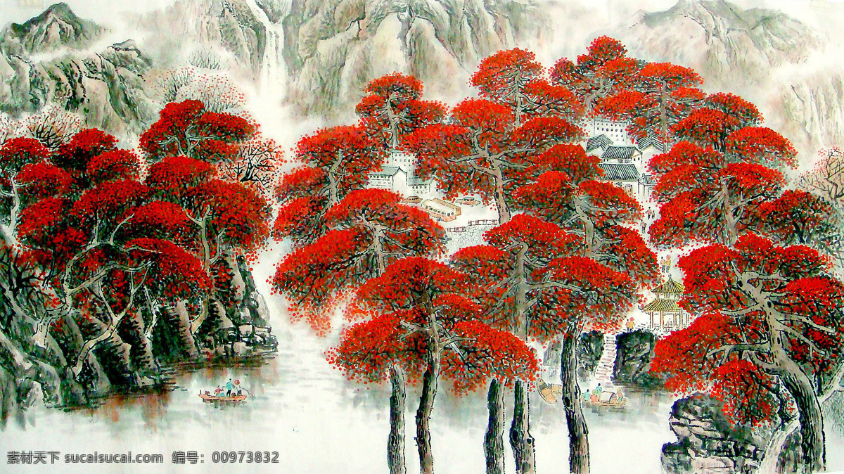 船只 房子 国画艺术 河流 绘画 绘画书法 楼房 美术 情 真 时 叶 最 红 中国画 山水画 山岭 瀑布 树木 人物 红树 云雾 秋色 书法 印章 国画集54 文化艺术 装饰素材 雕刻 图案