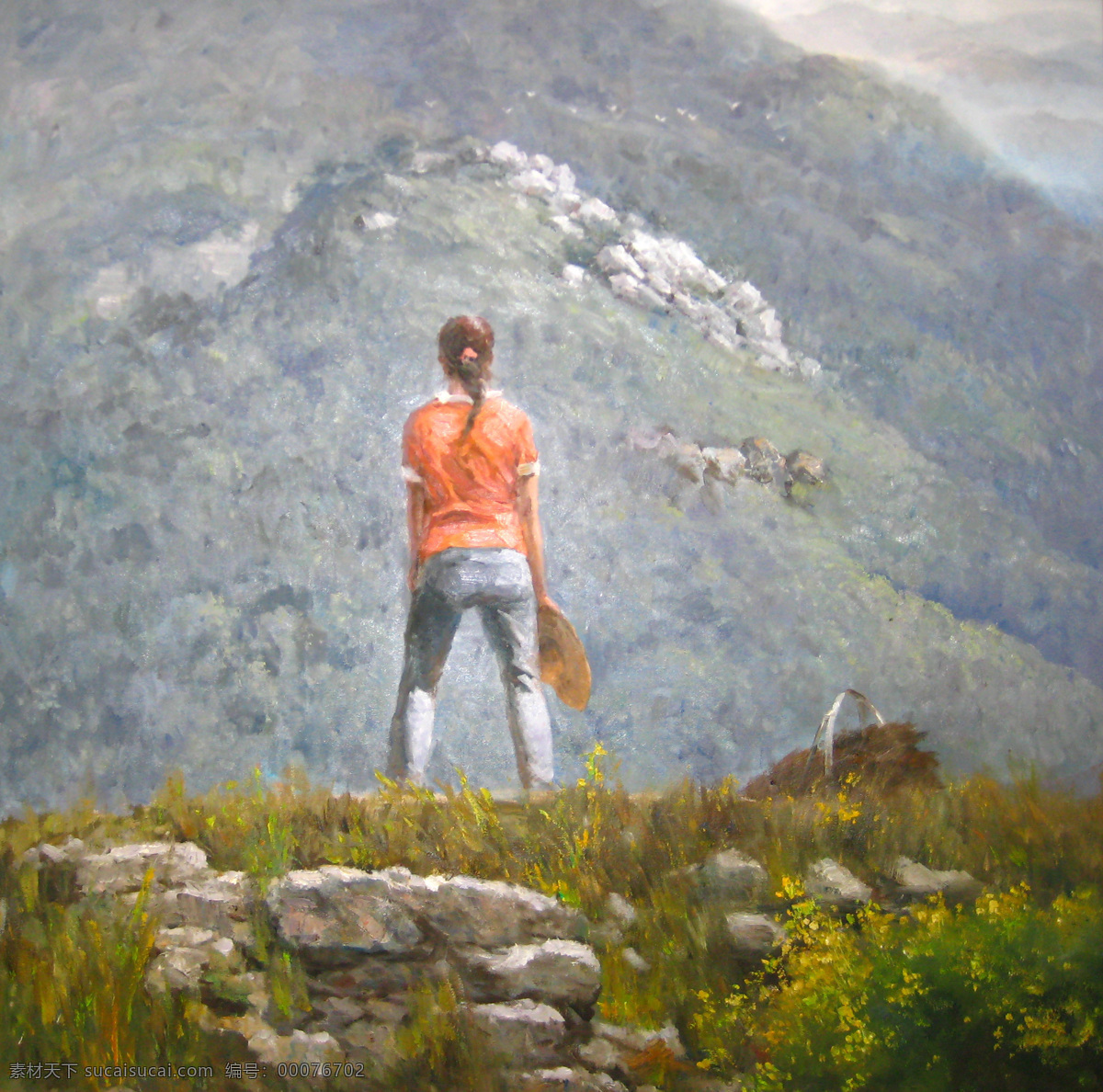 草地 草帽 道路 风景 画展 绘画书法 女人 人物 眺望 油画 手绘 水粉 水彩 写实风格 传统绘画 写生 天空 云彩 泥泞 岩石 山峰 红t恤 石阶 辫子 深圳文博会 原创油画 文化艺术 家居装饰素材