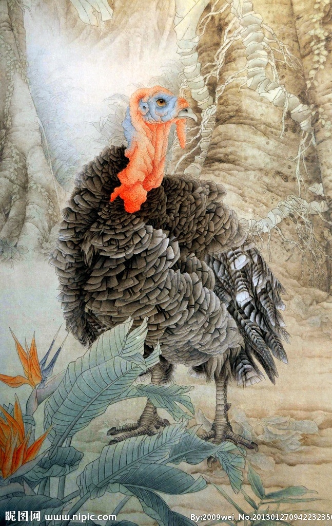 火鸡 美术 中国画 工笔画 森林 大鸟 火鸡鸟 花朵 国画艺术 国画集85 绘画书法 文化艺术