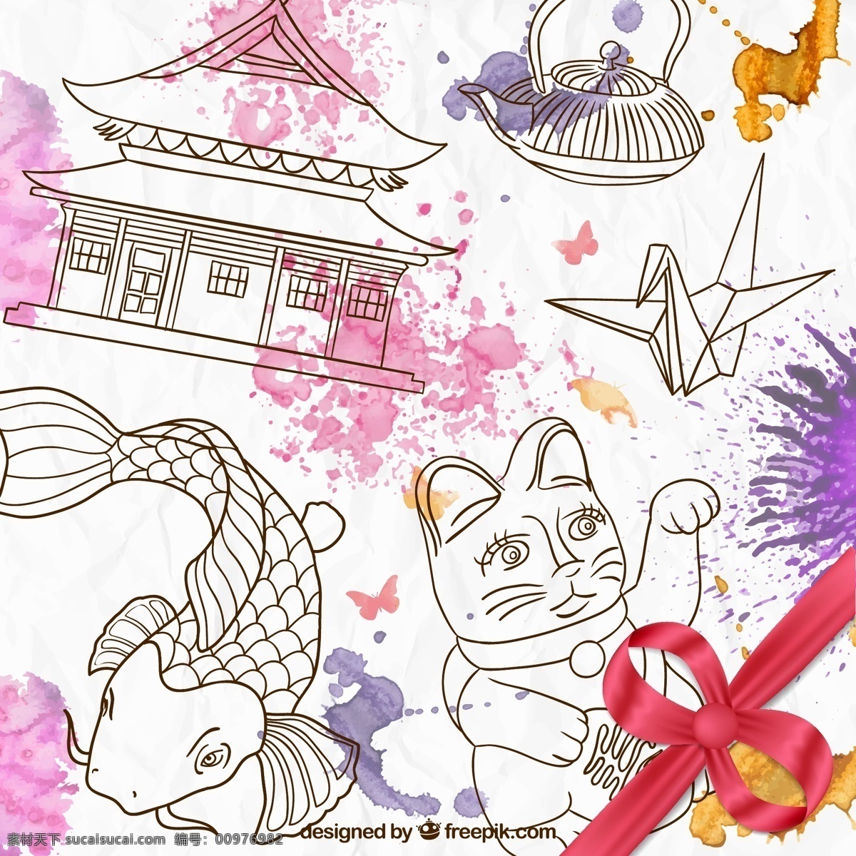 彩绘 日本 元素 插画 宫殿 鲤鱼 招财猫 蝴蝶结 丝带 纸鹤 折纸 千纸鹤 茶壶 蝴蝶 房屋 屋子 房子 建筑 墨渍 墨迹 喷墨 喷溅 水彩 颜料 背景 海报 画册 卡通设计