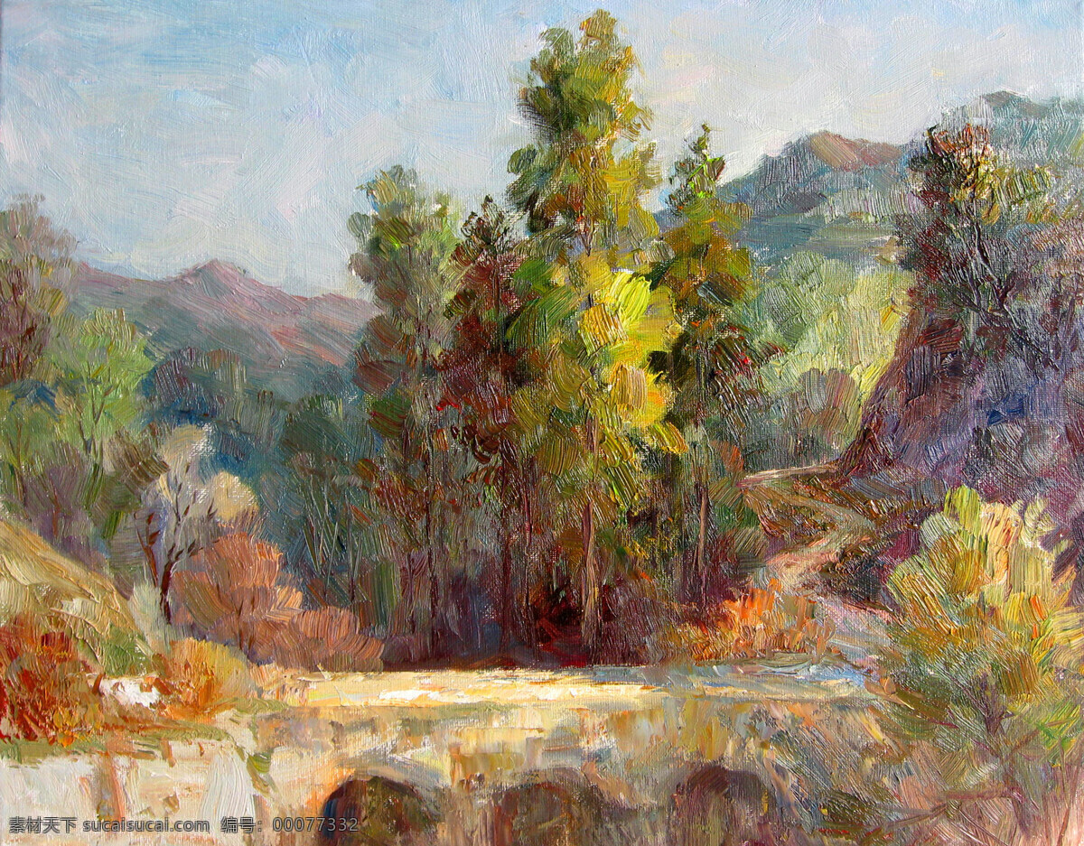 风景画 绘画书法 美术 山林 山岭 树木 文化艺术 大山深处 油画 拱门桥 山溪 油画艺术 油画作品36