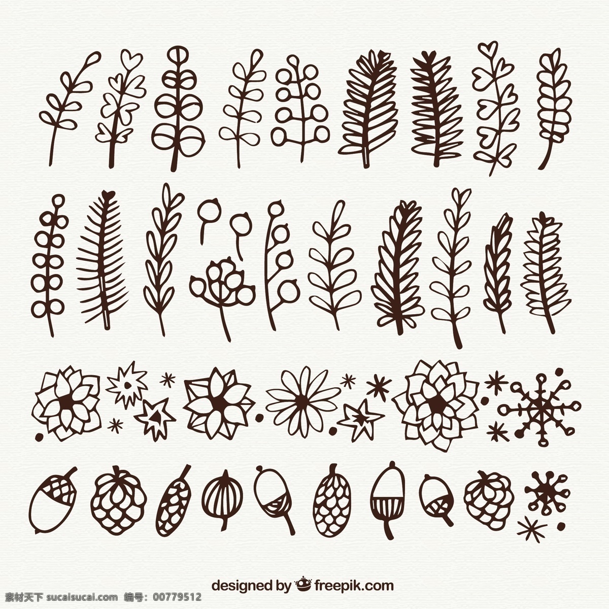 38 款 手绘 植物 矢量图 树叶 松果 雪花 叶子 节日 白色