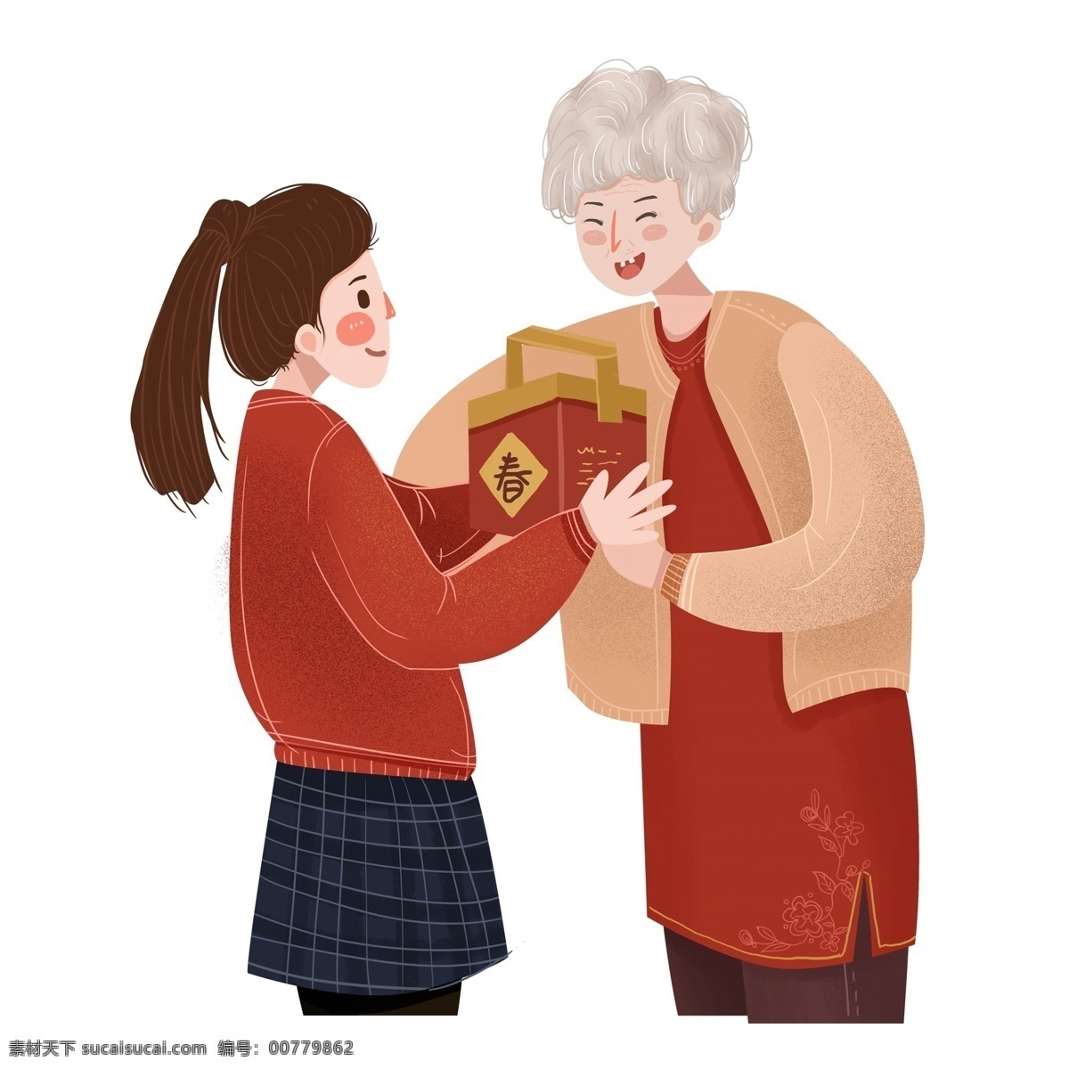 喜庆 母女 人物 插画 新年 手绘元素 免抠元素 透明元素
