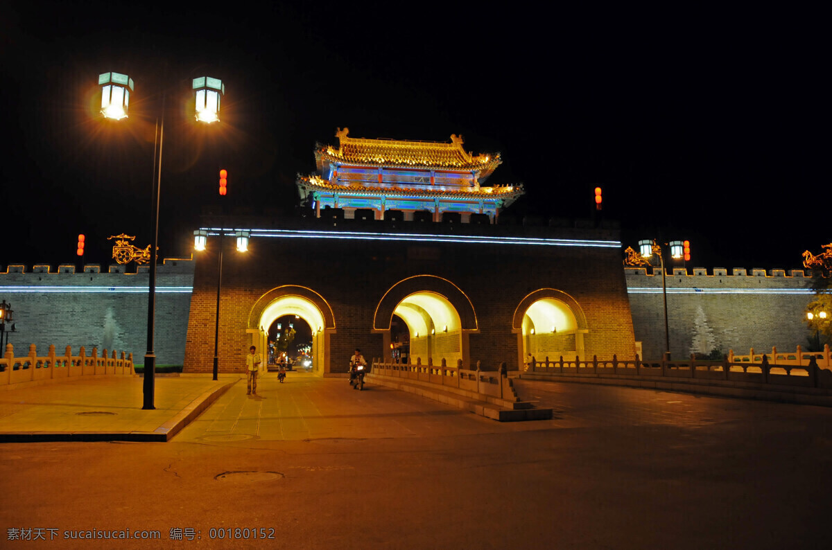 曲阜 夜景 城门 灯光 风景名胜 旅游 自然景观 曲阜夜景 明故城 仿古灯杆 家居装饰素材 灯饰素材