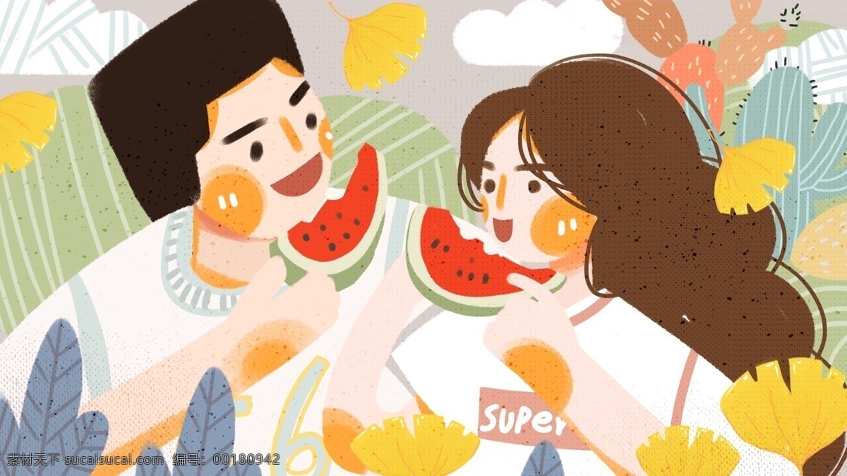 情侣 日常 男孩 女孩 吃 西瓜 扁平 插画 吃西瓜 扁平风 情侣日常
